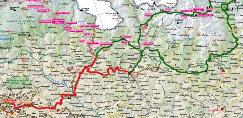 En rouge : trajet en bus - En vert : trajet à pied